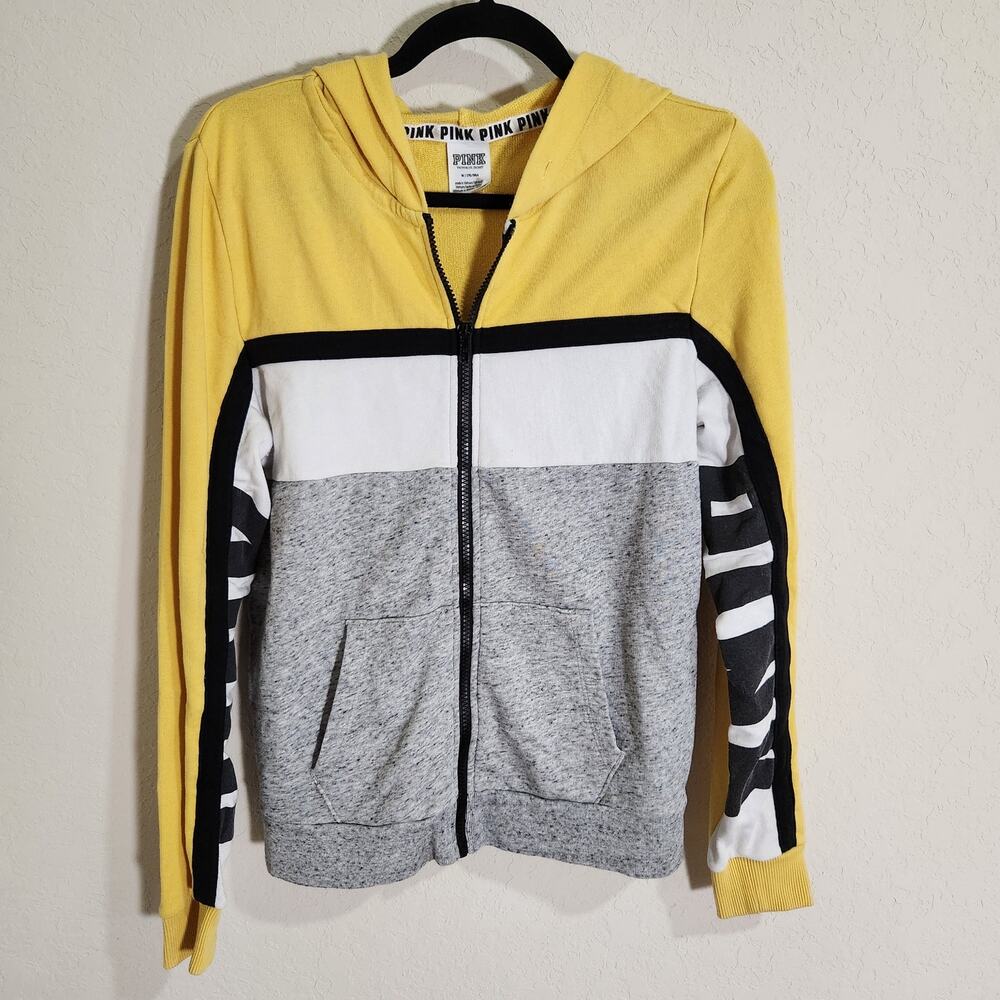 VICTORIA'S SECRET PINK Colorblock Full Zip Hoodie Jacket Yellow Gray White Black